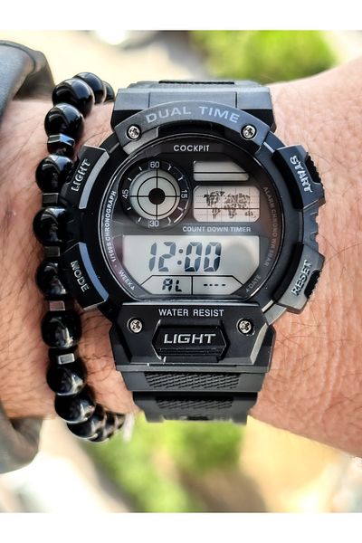 Cockpit Brand Black Men's Watch Bracelet Suitable for Marine Use, illuminated, digital, with stopwatch,