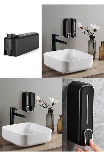 mrtbilisim 2 τμχ Επιτοίχιο Push Liquid Soap Μπουκάλι απορρυπαντικό πιάτων Δοχείο υγρού σαπουνιού 350Ml Μαύρο Χρώμα