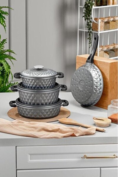 Taç Carabella T3731 Gri Döküm Kapak 7 Parça Tencere Seti