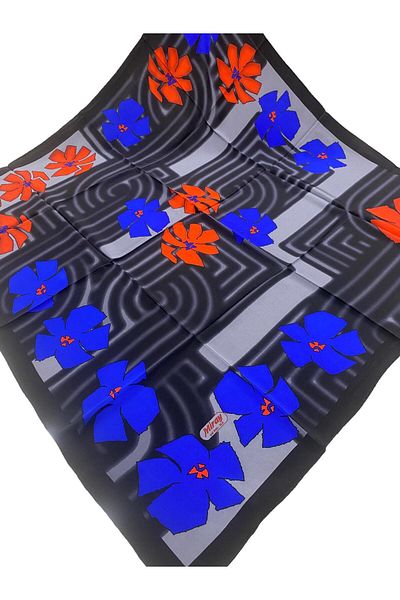 MİRAY EŞARP Miray 100% Pure Silk 100cm X 100cm Large Size Floral Black Scarf E-54