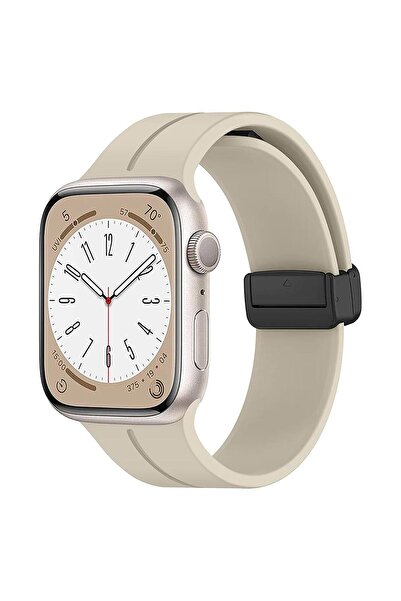 Microsonic Apple Watch Series 9 45mm Kordon Ribbon Line Bej
