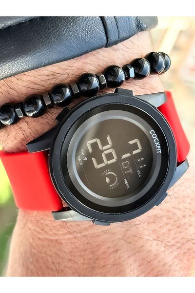 Cockpit Brand, Suitable for Marine Use, Illuminated, with Stopwatch, Red Digital Men's Wristwatch + Bracelet