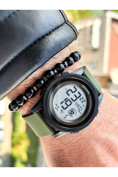 Cockpit Brand, Suitable for Marine Use, Illuminated, with Stopwatch, Green Digital Men's Wristwatch + Bracelet