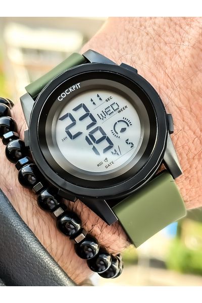 Cockpit Brand, Suitable for Marine Use, Illuminated, with Stopwatch, Green Digital Men's Wristwatch + Bracelet