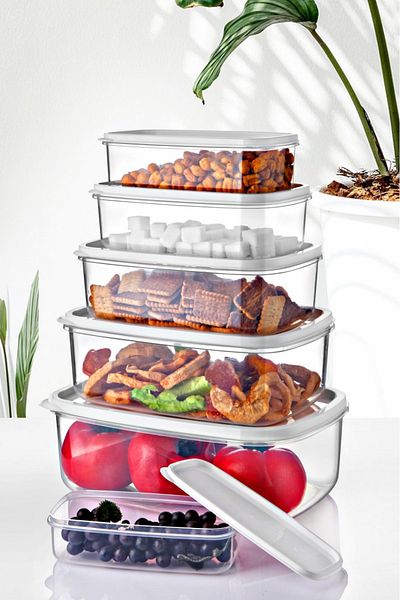 Open Home Concept Set of 6 Rectangular White Storage Containers 300 ml-500 ml 800 ml 1200 ml 1900 ml 2900 ml