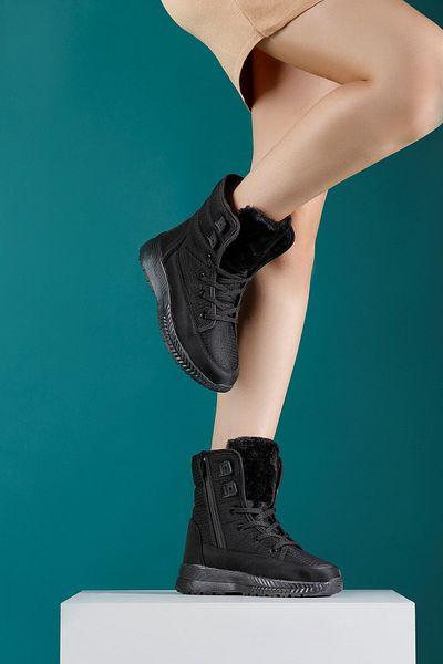 ALTUNTAŞ Women - Girls - Unisex Winter Fur Zippered Anatomical Sole Winter Boots - Black