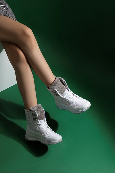 ALTUNTAŞ Women - Girls - Unisex Winter Fur Zippered Anatomical Sole Winter Boots - White