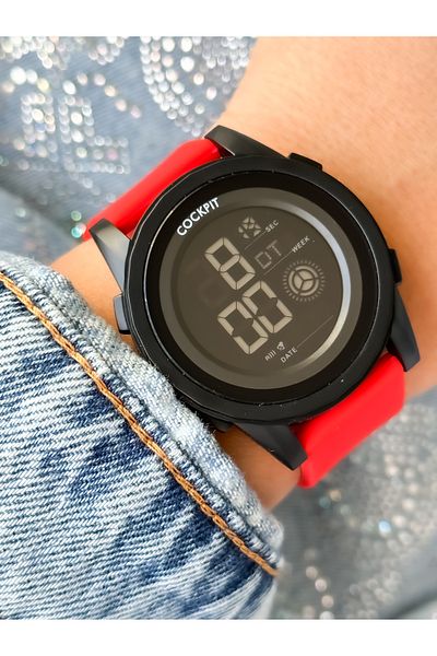 Cockpit Brand: Suitable for Marine Use, Illuminated, with Stopwatch, Red Digital Women's Wristwatch + Bracelet
