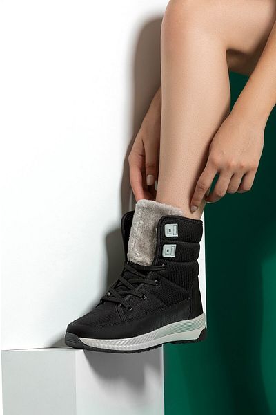 ALTUNTAŞ Women - Girls - Unisex Winter Fur Zippered Anatomical Sole Winter Boots - Black Ice