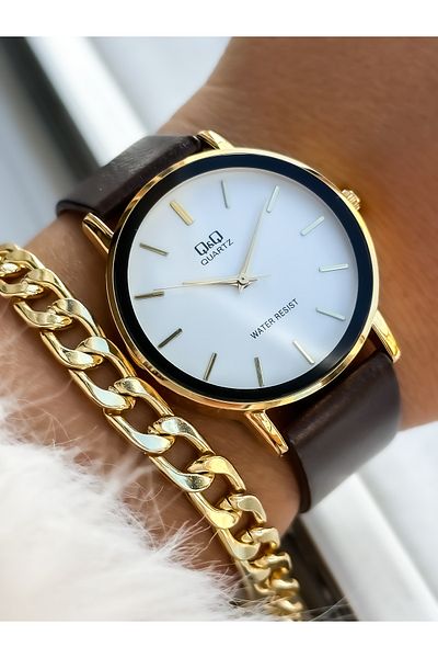 Q&Q Brand Retro Model Brown Leather Strap, Polite Women's Wristwatch + Bracelet