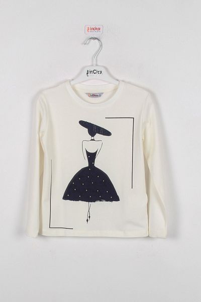 incity Girl's Crew Neck Printed Lace Detailed Long Sleeve T-Shirt