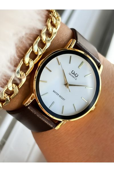 Q&Q Brand Retro Model Brown Leather Strap, Polite Women's Wristwatch + Bracelet