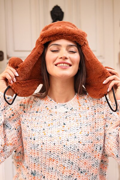 REMSA Kadın Kürklü Kulaklıklı Peluş Şapka RKŞ-04 Kiremit