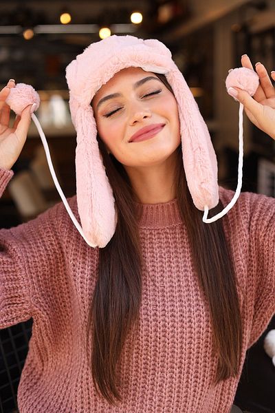 REMSA Women's Fur Plush Hat with Headphones RKŞ-04 Pink