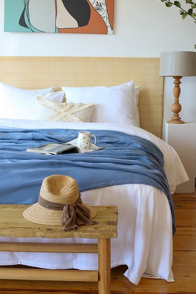 vivamaison King Size 4 Layer Muslin Pique Bedspread Cotton Double Sided Indigo Blue 240x260 cm