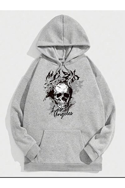 SELENA BUTİK Φούτερ με στάμπα με γκρι κρανίο, μεγάλου μεγέθους, unisex