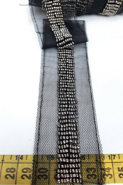 Hobigram Decorative Ribbon Anthracite Smoked Bead Embroidered Ribbon – Decorative Ribbon, Stylish Design, Women's Accessory