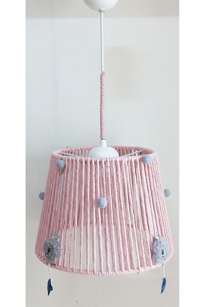 C&A&B KUZEY AVİZE PINK MACROME WRAPPED GRAY BEAR, STAR AND POMPOM BABY GIRL AND CHILDREN'S ROOM DESIGN PENDANT LIGHT CHANDELIER