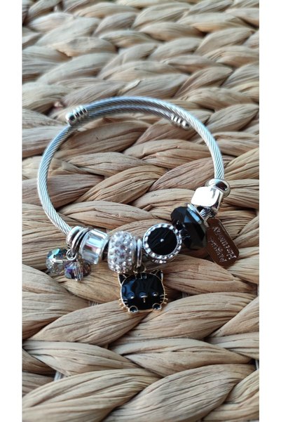 Generic Brand Steel Charm Bracelet Black Jewelled Cat Figure Hello Kitty