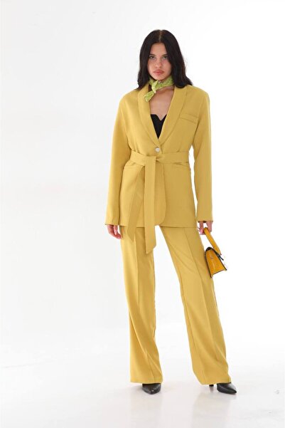 diaves Hardal Belden Bağlamalı Tek Düğme Sahte Cepli Ceket Geniş Paça Pantolon Takım Elbise