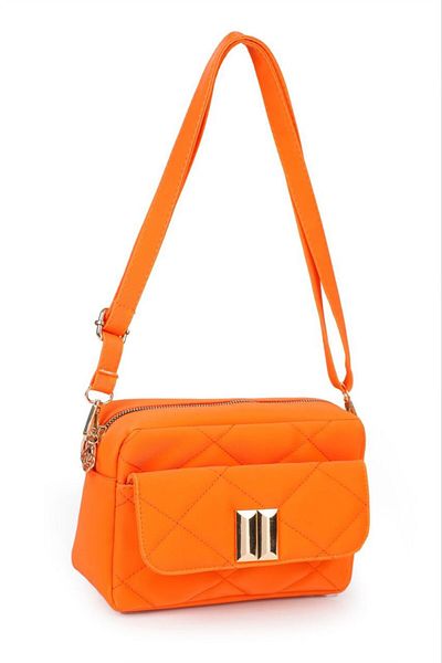 ARTON Women's Orange Buzzi Leather Quilted Buckle Detailed Shoulder Bag