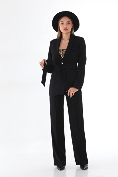 diaves Siyah Belden Bağlamalı Tek Düğme Sahte Cepli Ceket Geniş Paça Pantolon Takım Elbise