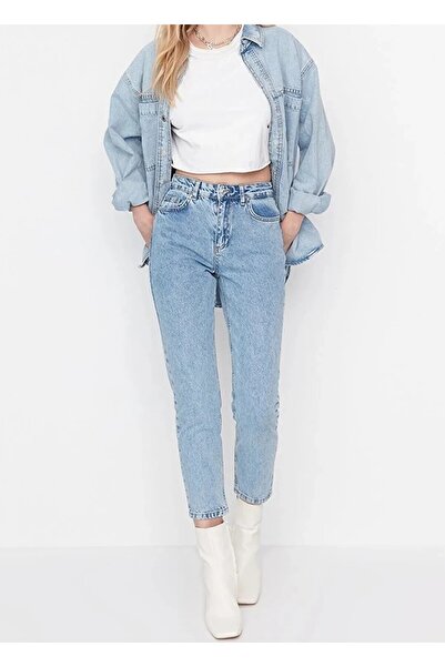 LİMABEL Larina Ice Blue Snow Wash Mom Jeans Lycra High Waist Denim Trousers Extra Comfortable