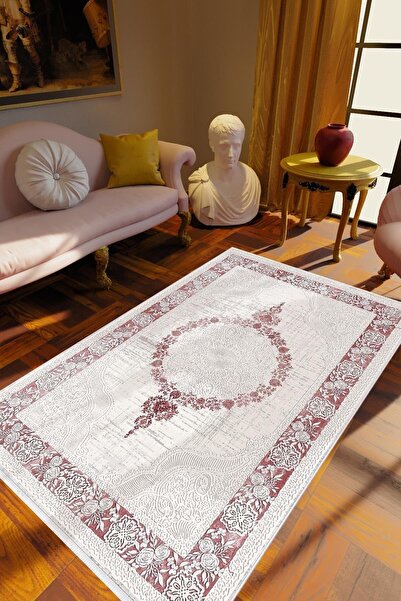 10 Post Online Salon Halısı Salon Halısı Eskitme Bordo Krem Kaydırmaz Kesme Y...