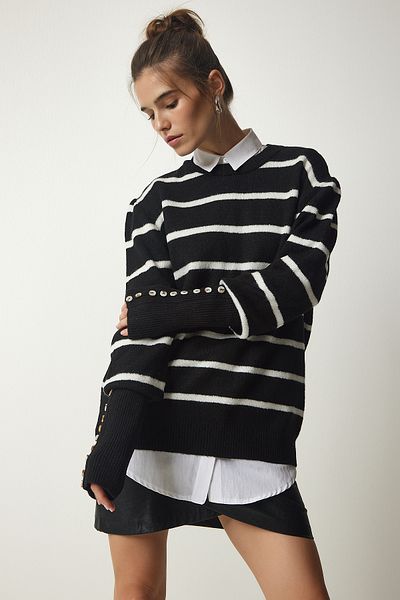 Happiness İstanbul Pulover de damă din tricot cu dungi negre NF00073