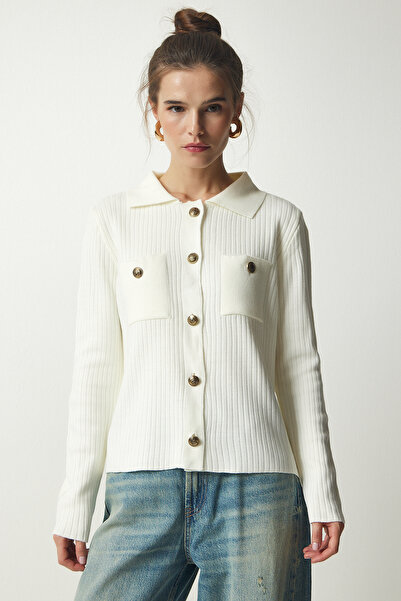 Happiness İstanbul Dámský pletený svetr Ecru Metal Buttoned Knit Cardigan BV00109