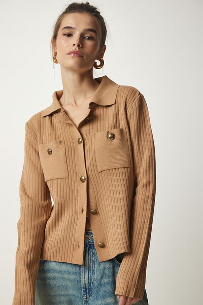 Happiness İstanbul Dámská sušenková pletenina s kovovým knoflíkem Cardigan BV00109