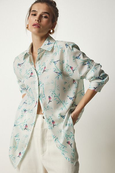 Happiness İstanbul Women's Ecru Green Patterned Oversize Satin Finished Shirt OH00049
