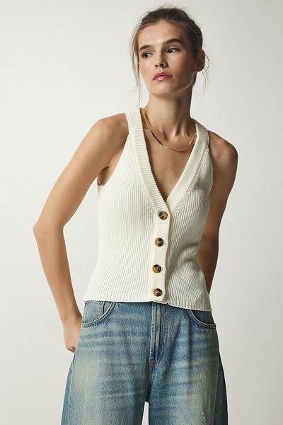Happiness İstanbul Women's Ecru Halter Collar Buttoned Knitwear Vest FN03118