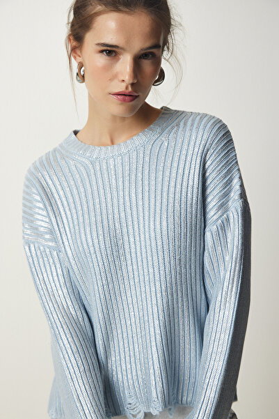 Happiness İstanbul Hellblaues, glänzendes Strick-Sweatshirt mit zerrissenen Details für Damen PF00021