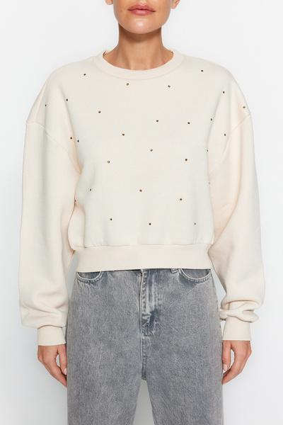 Trendyol Collection Hanorac tricotat, de culoare bej, gros, cu piatră, cu detaliu, cu potrivire normală TWOAW24SW00118