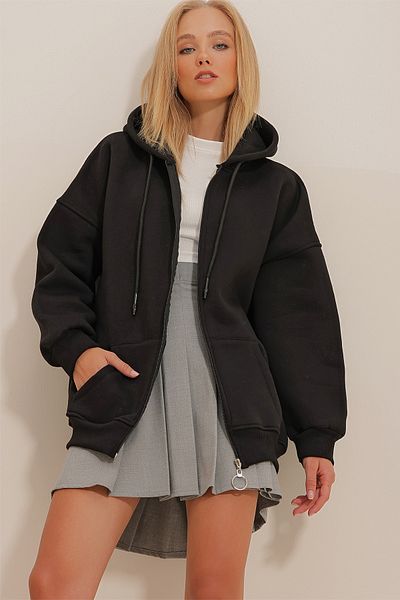 Trend Alaçatı Stili Schwarzes geripptes Sweatshirt mit Kapuze, Kängurutasche und Reißverschluss für Damen ALC-X10800