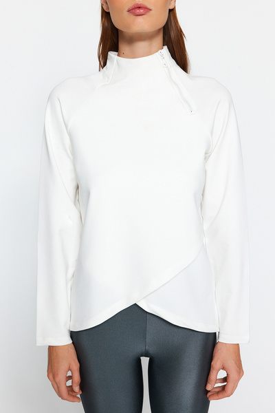 Trendyol Collection Hanorac sport din bumbac alb - guler vertical, detaliu cu fermoar TWOAW22SW0187