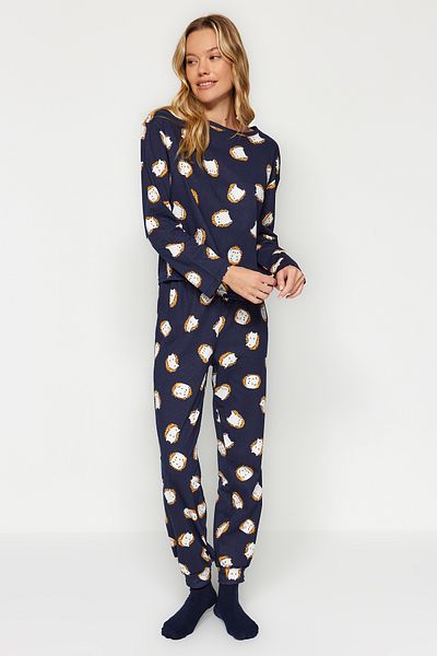 Trendyol Collection Námořnická modrá 100% bavlna Tričko-Jogger Pletené pyžamo Set THMAW24PT00136