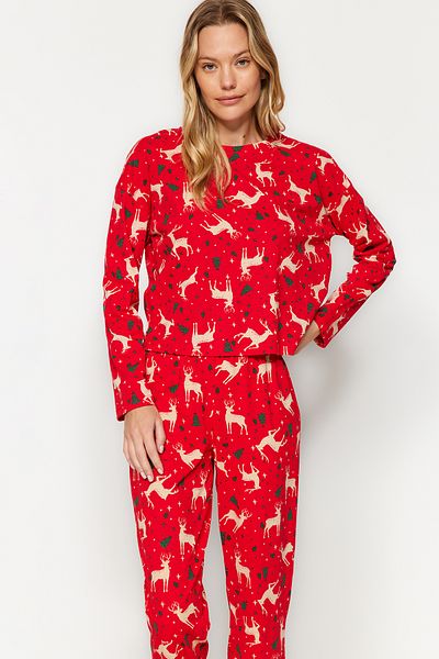 Trendyol Collection Κόκκινο 100% βαμβακερό χριστουγεννιάτικο πλεκτό σετ πιτζάμες THMAW21PT0771