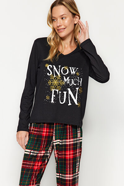 Trendyol Collection Sada černého trička a kalhot s potiskem Slogan - THMAW24PT00095