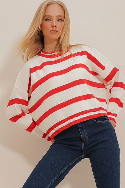 Trend Alaçatı Stili Women's Red Crew Neck Striped Crop Oversize Knitwear Sweater ALC-X10973