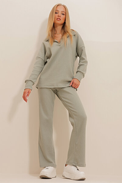 Trend Alaçatı Stili Női zöld polo gallér felső és Palazzon nadrág kötött alsó felső szett ALC-796-001