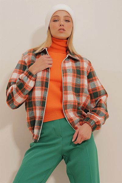 Trend Alaçatı Stili Dámská sezónní bomber bunda s oranžovým vzorem na zip s elastickým pasem ALC-X10775