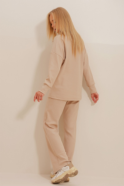 Trend Alaçatı Stili Női bézs pólógallér felső és Palazzon nadrág kötöttáru alsó felső szett ALC-796-001