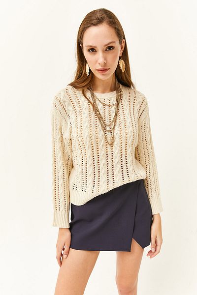 Olalook Damen-Strickpullover mit geflochtenem, durchbrochenem Steinhaarmuster KZK-19000661
