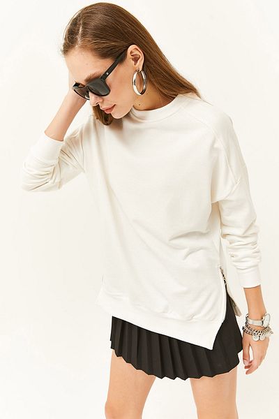 Olalook Women's Ecru Thick Sweatshirt with Side Zipper Detail and Fleece Inside SWT-19000624