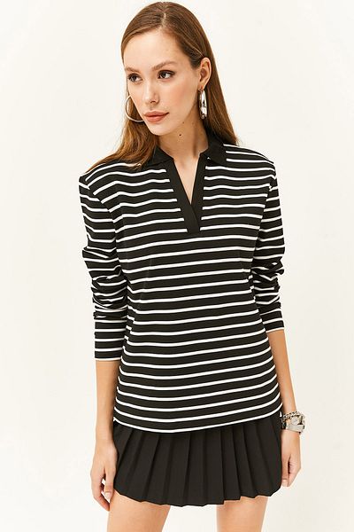 Olalook Women's Black Polo Neck Striped Sweatshirt SWT-19000629