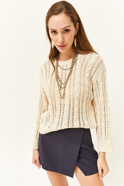 Olalook Damen-Strickpullover mit geflochtenem, durchbrochenem Steinhaarmuster KZK-19000661