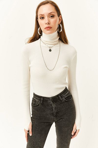 Olalook Ecrufarbene Lycra-Bluse mit Rollkragen und Fingerdetails für Damen BLZ-19001644