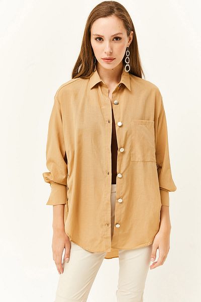 Olalook Damska tkana koszula oversize w kolorze camelowym z guzikami po bokach GML-19001004